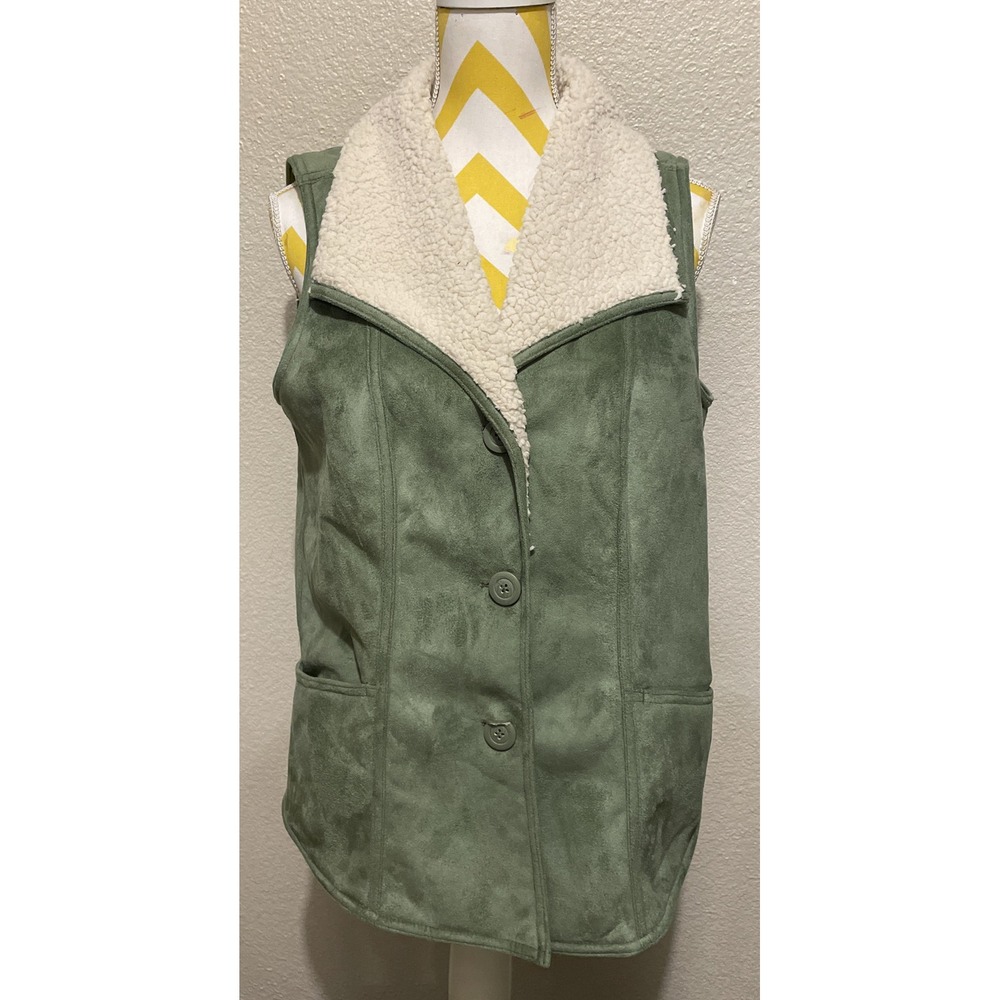 Denim & Co Small Vest Sage Green Faux Suede Sherpa Lined Button Front Pocket NEW